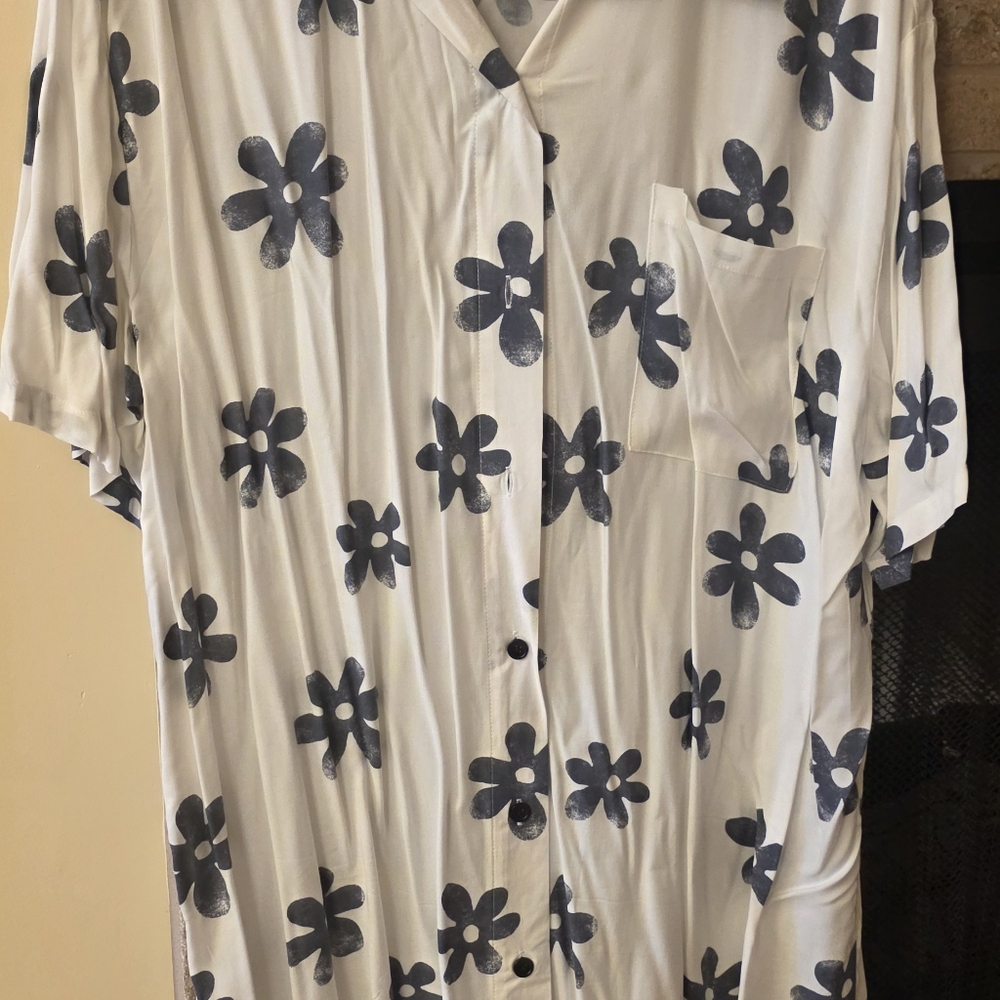 Floral Print Women Shirt -dress White and Blue/grey